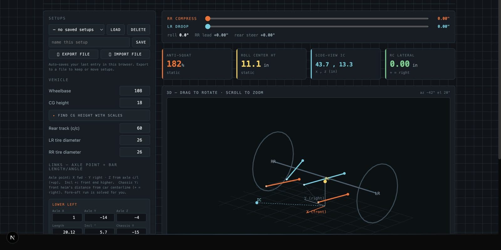 4-link calculator showing anti-squat, roll center, and a 3D view of the rear links